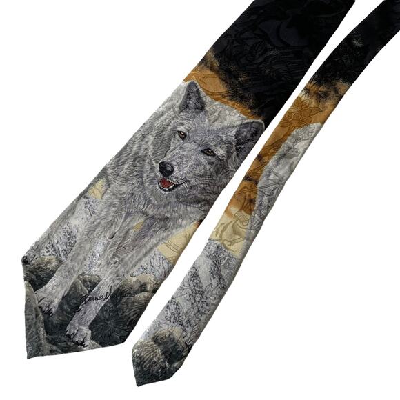 Vintage 90s Endangered Species Tie Arctic Wolf by Bonnie Marris Silk Made in USA - Picture 1 of 12